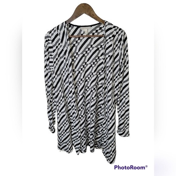 Dana Buchman Grey White Black Textured Geometric Striped Open Front Cardigan - Picture 2 of 7